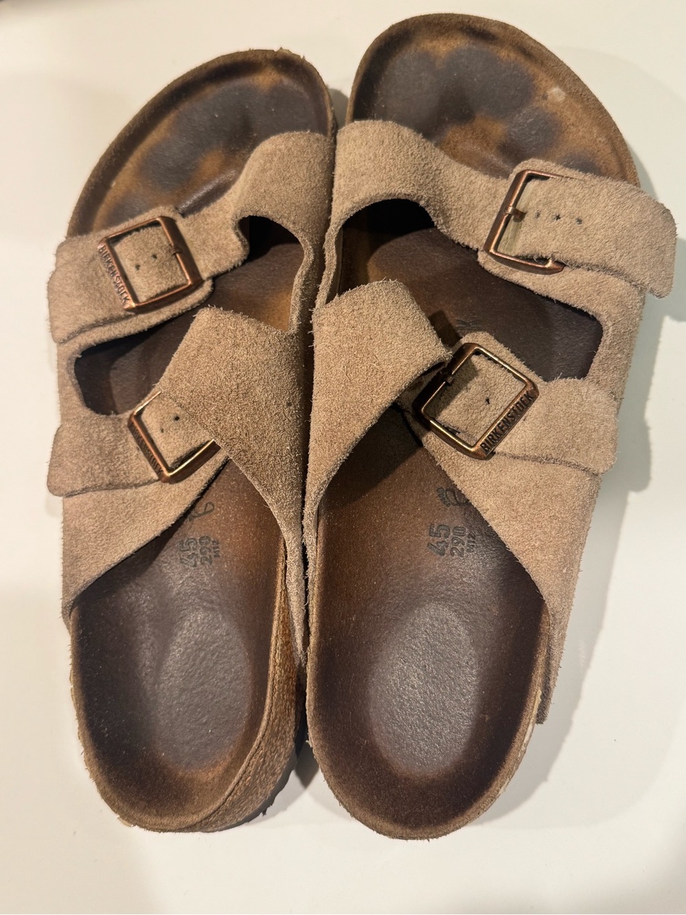 Suede Double-Buckle Birkenstock Sandals in Taupe